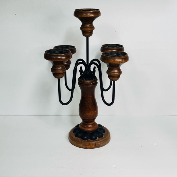 vintage wood and metal candelabra 5 candle holder castle core 70s rustic homeco - Picture 1 of 11